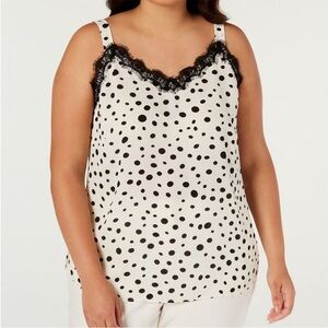 Bar III plus women’s polka dot camisole / tank eyelash lace neckline wht blk 1X